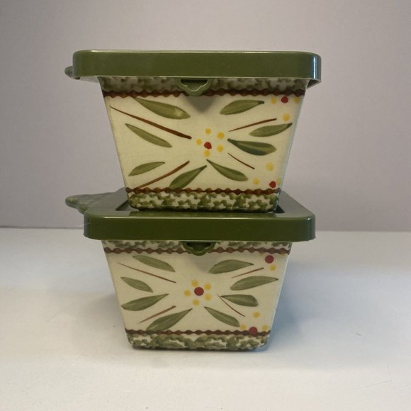 Set 2 Temptations Tara Old World Green 10 oz Square Ceramic Ramekins Lid Covered - Picture 6 of 6